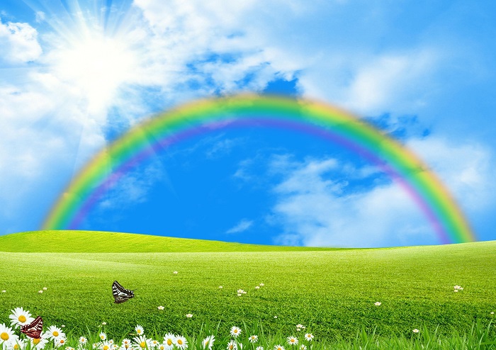 Rainbow over a green glade the blue sky and the sun