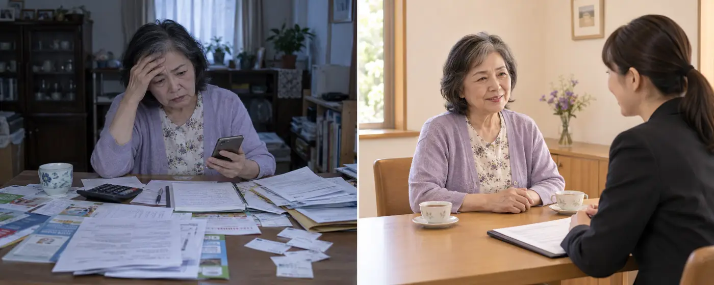 江東区での葬儀後の手続きを1人やるととても大変（左）だが、江東区葬儀社アスターが窓口となればスムーズに手続きを行える（右）ことを示す画像