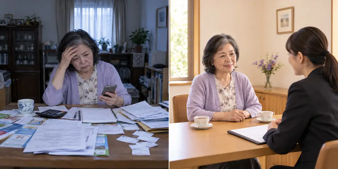 江東区での葬儀後の手続きを1人やるととても大変（左）だが、江東区葬儀社アスターが窓口となればスムーズに手続きを行える（右）ことを示す画像