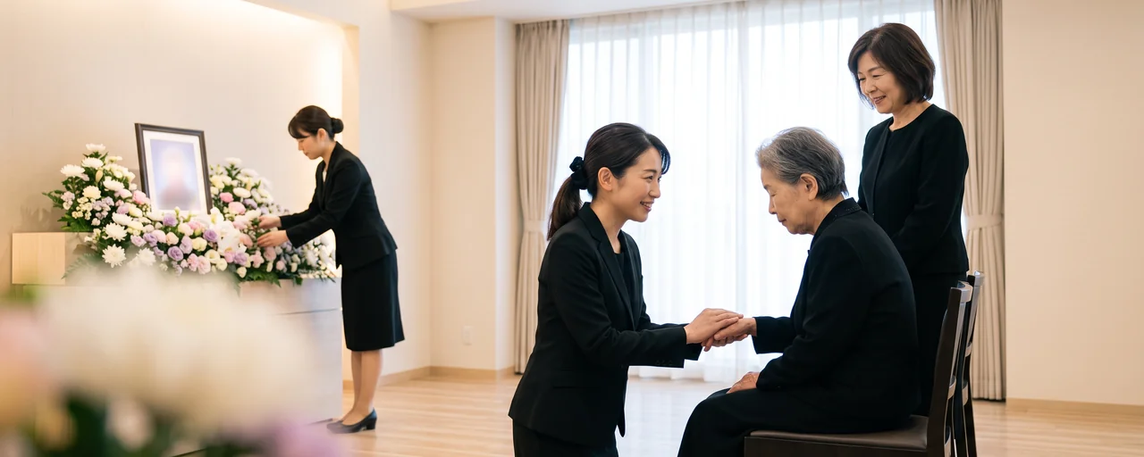 江東区葬儀社アスターの女性スタッフが、ご遺族の手を取りお話を伺う様子