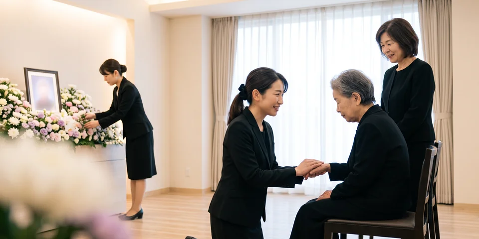 江東区葬儀社アスターの女性スタッフが、ご遺族の手を取りお話を伺う様子