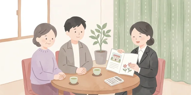 女性スタッフがご家族に葬儀プランや費用をご説明する事前相談の様子