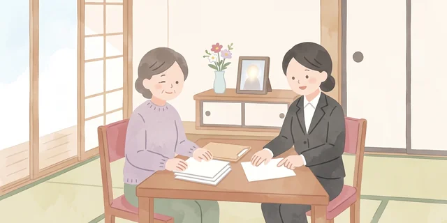 女性スタッフが葬儀後のお手続き書類についてご説明するアフターサポートの様子