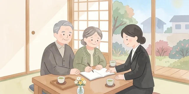女性スタッフがご夫婦とエンディングノートを書きながら終活のご相談を受ける様子