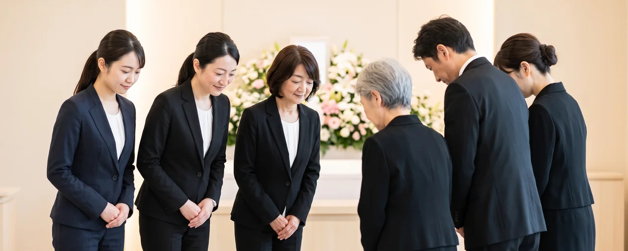 江東区葬儀社アスターの女性スタッフ3名が、ご遺族にお辞儀をしてご挨拶する様子