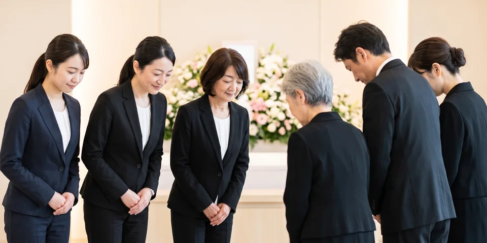 江東区葬儀社アスターの女性スタッフ3名が、ご遺族にお辞儀をしてご挨拶する様子