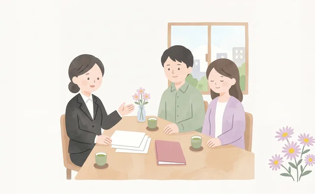 火葬とお別れの準備について女性スタッフと相談するご夫婦
