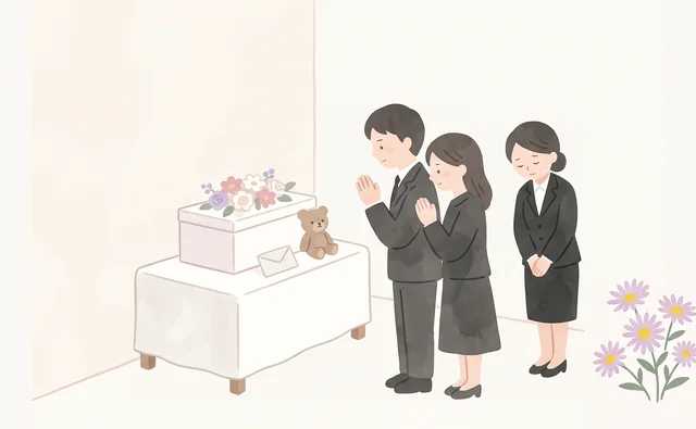 火葬の日にご夫婦が小さなお棺に手を合わせてお別れをする様子
