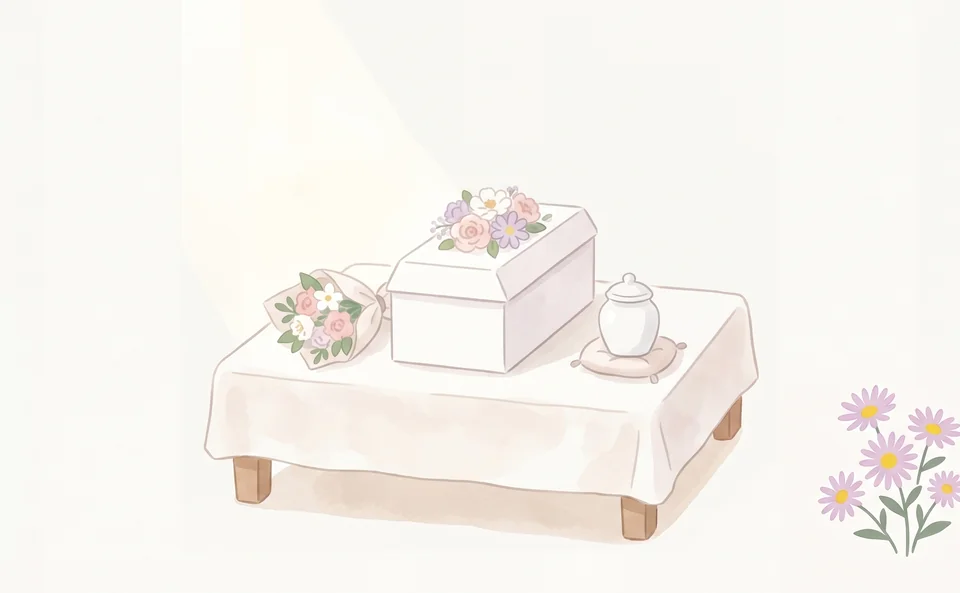 天使の火葬式プランに含まれる紙製のお棺とお花と小さな骨壺
