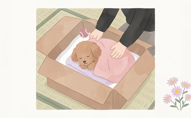 タオルを敷いた箱にペットを寝かせた簡易的な棺