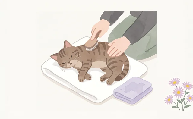 亡くなったペットの毛並みを整えて姿勢を直す様子