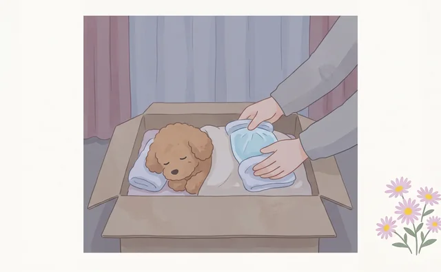 タオルで包んだ保冷剤でペットのお身体を冷やす様子