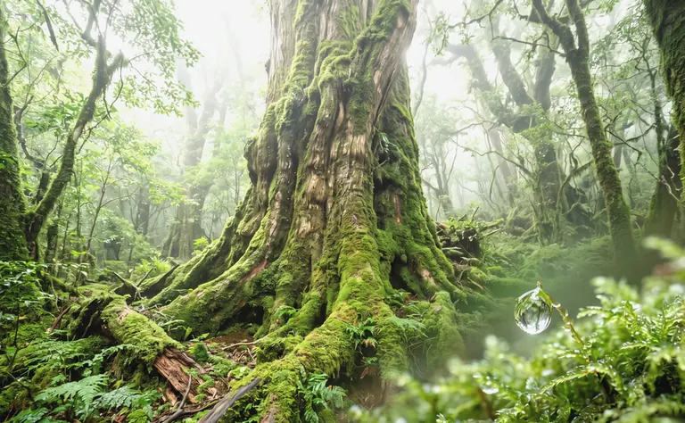 屋久島の苔むした屋久杉の森と、葉先に光る雫